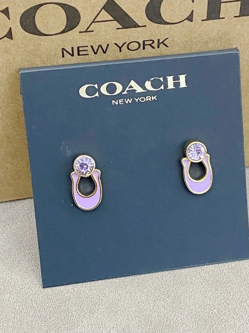 COACH Lavender Enamel & Crystal Logo Stud Earrings With Box And Dust Bag